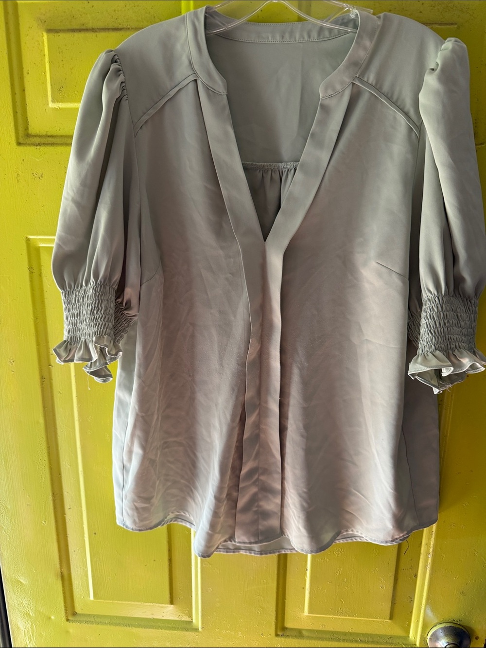 Women's Puff-Sleeve V-Neck Blouse in mint green